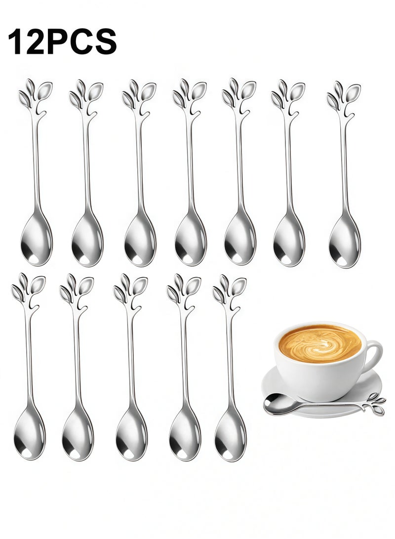 12 PCS Elegant Silver Leaf Coffee Spoons 4.9" Mini Stainless Steel Espresso and Dessert Tea Spoons Creative Leaf Tableware Dessert Spoon for Stirring Mixing Sugar Ice Cream Cake Coffee Tea - Image 1